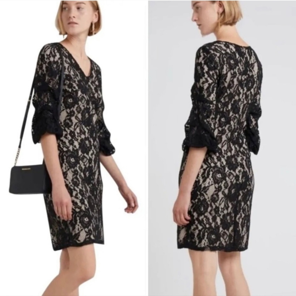 DKNY Black and Cream Lace Long Sleeve Dress